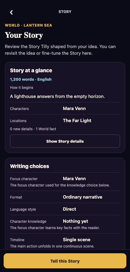 TellTale Story review screen with a story summary and writing choices